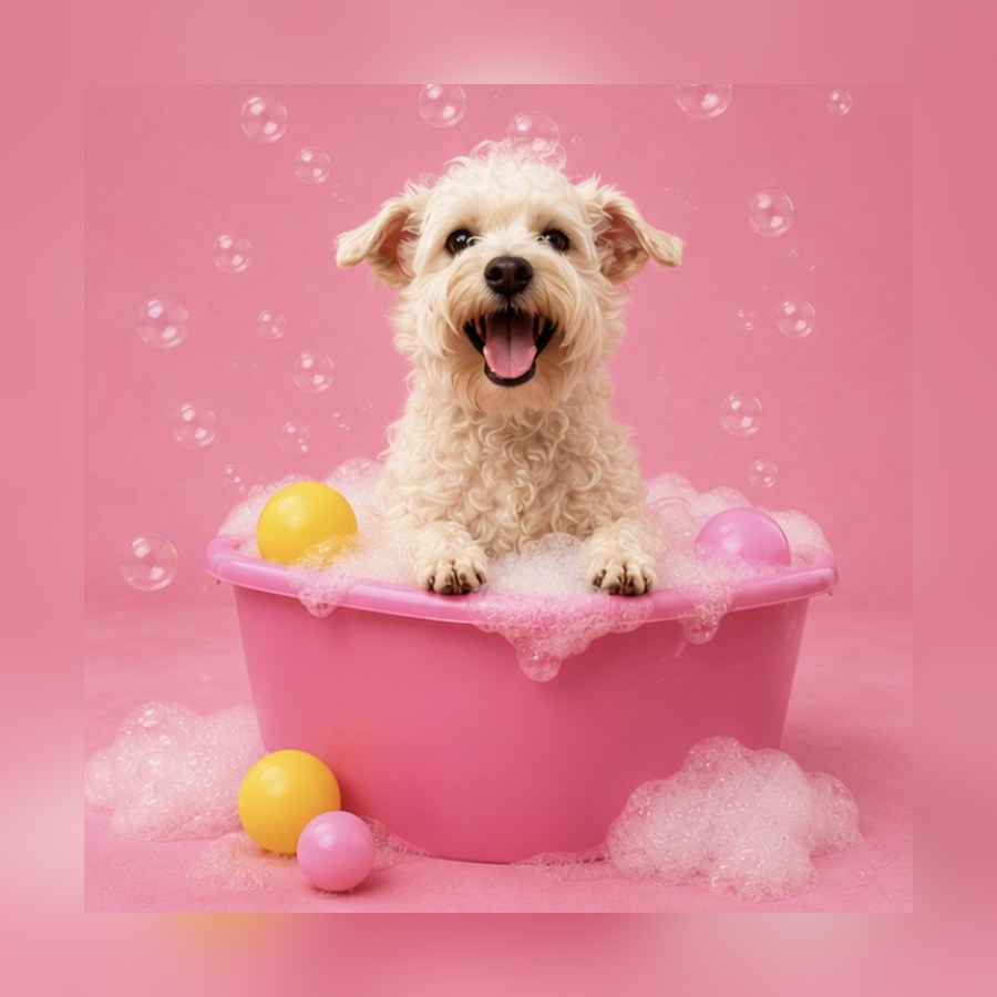 A happy dog enjoying a bubbly spa bath at Luscious Paws