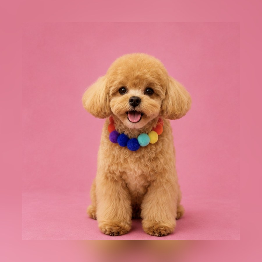 A freshly tidied-up dog with a colorful collar at Luscious Paws